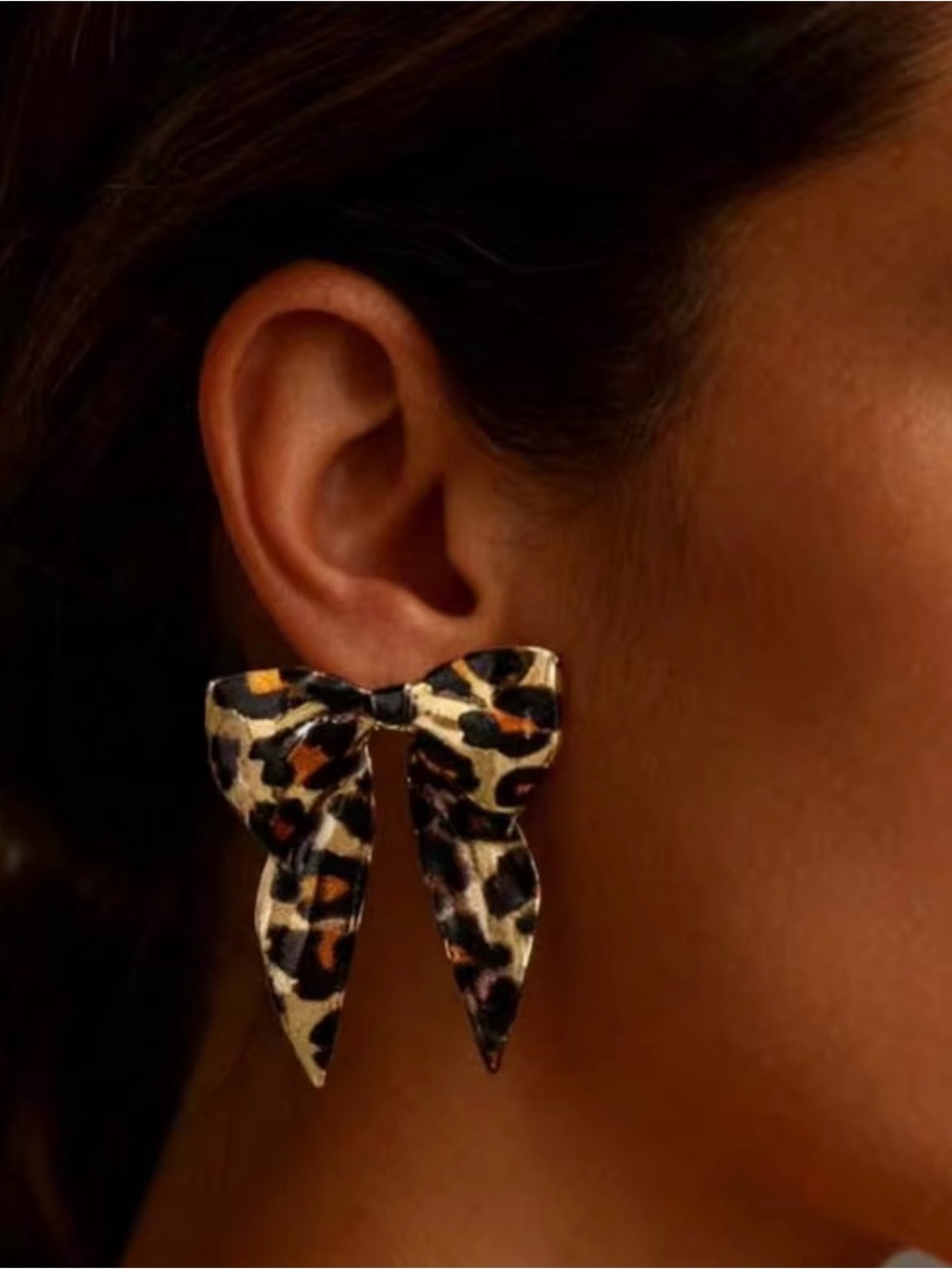 Leopard Bow Drop Earrings - Gold and Brown Animal Print